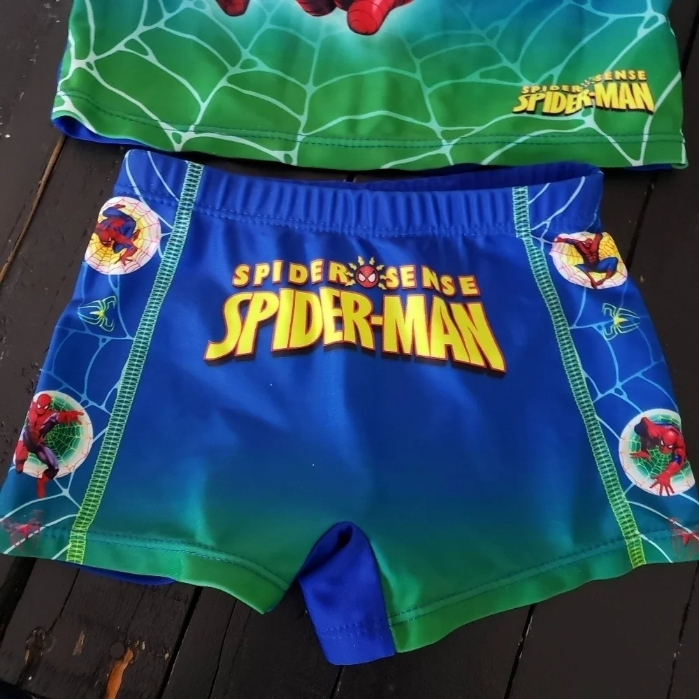 Spiderman Two Piece Swim Set Rash Guard Trunks Blue Green Baby Boy Medium 3-6 Mo